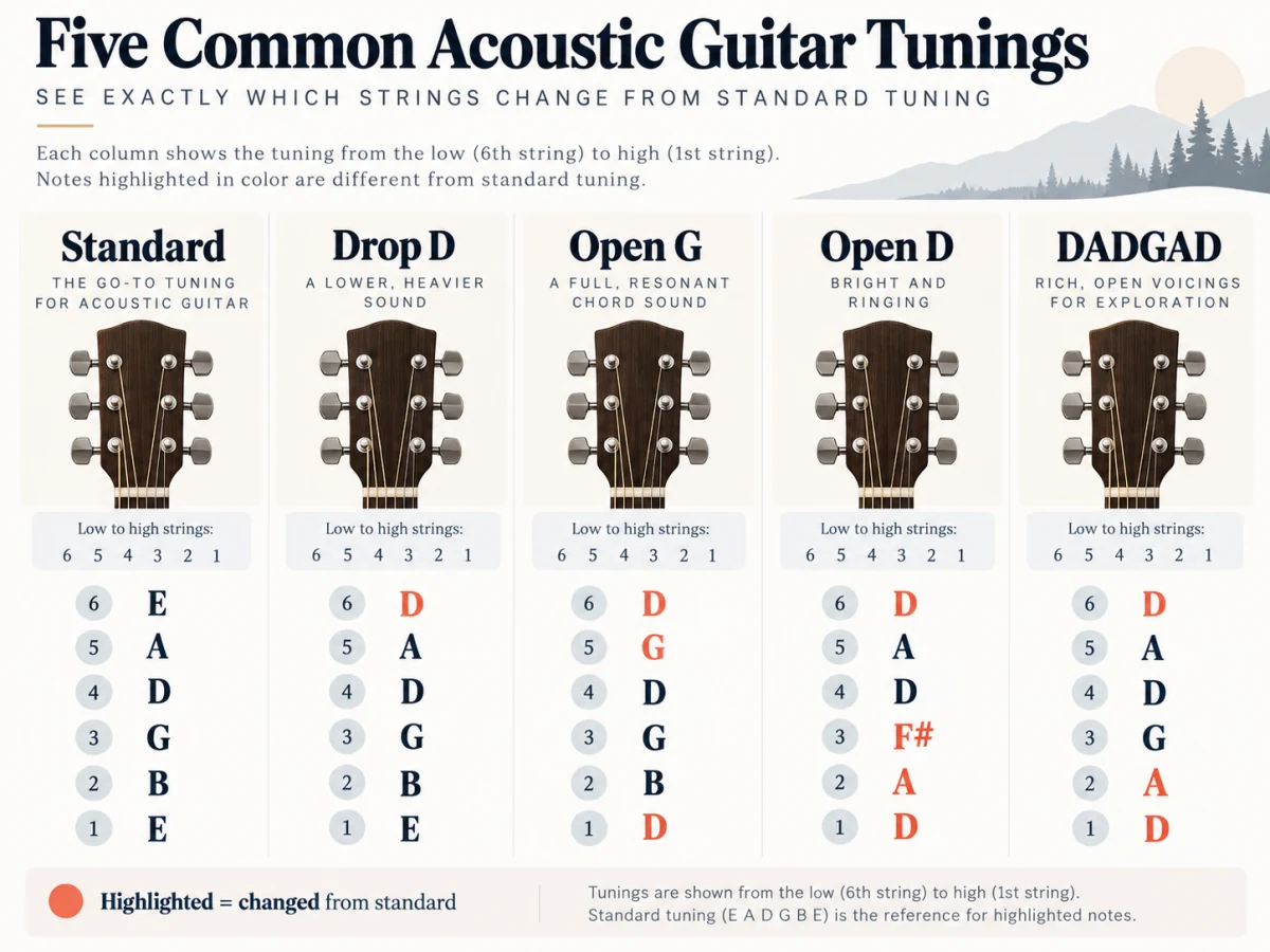 Comparison of standard guitar tuning with Drop D, Open G, Open D and DADGAD