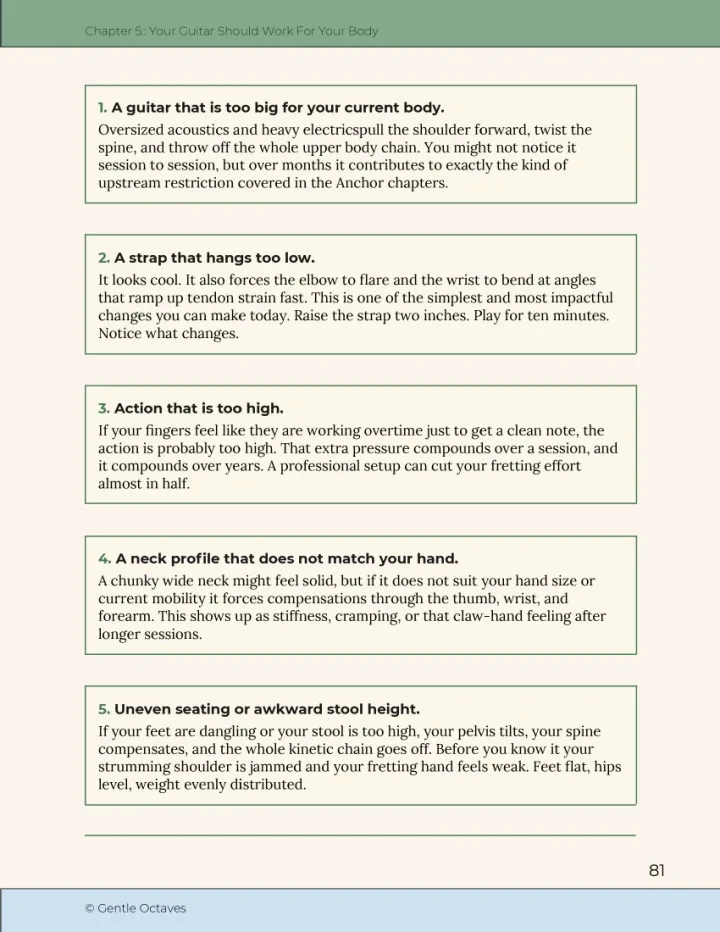 Page 81 of Keep Playing showing five guitar setup considerations: guitar size, strap height, string action, neck profile and seating height