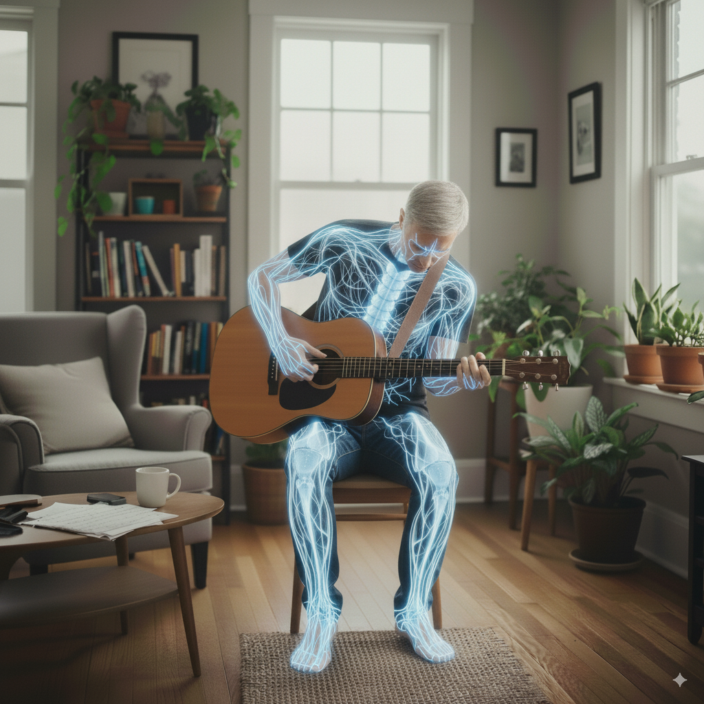 Seated Guitarist in poor playing posture - strain highloighted  thought this body 