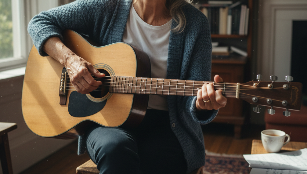 Older guitarist playing arthritis-friendly chord variation on acoustic guitar with relaxed hands