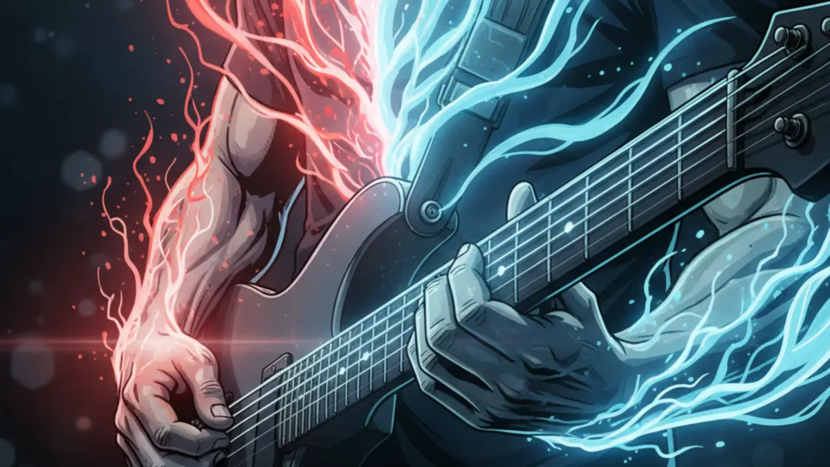 Stylized graphic illustrating the contrast between sharp red pain energy and smooth blue comfort energy surrounding a guitarist's hand on a fretboard.