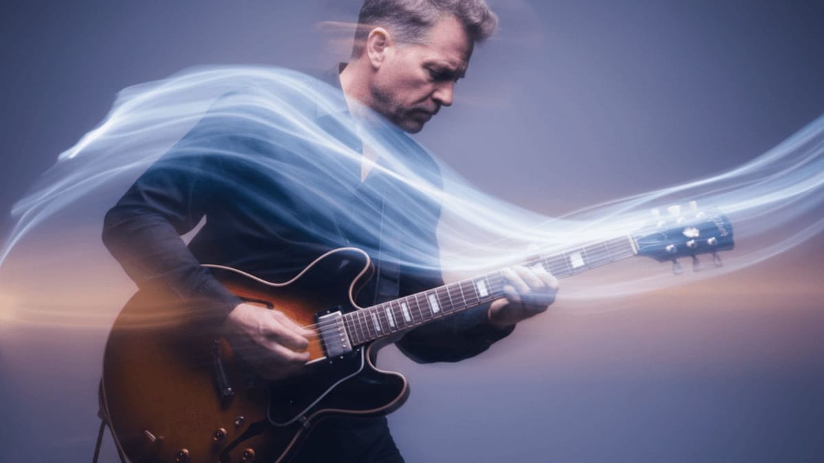 Artistic motion blur of adult musician transitioning into a grounded playing posture, representing freedom through mobility”