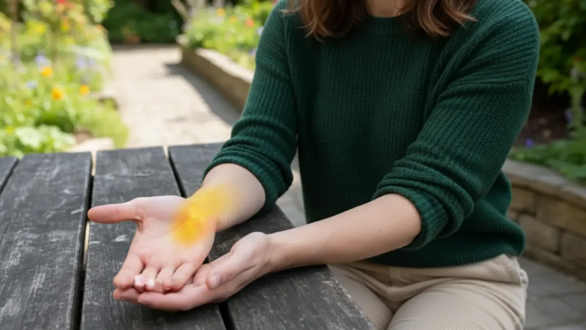 A woman sitting  at a table with extended Hands and wrist tension caused by guitar playing 