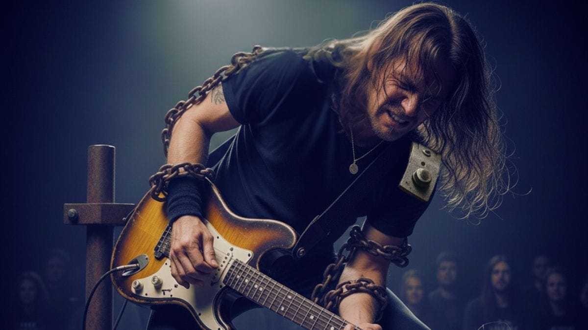 A guitarist in chains with restricted movement in his shoulder and wrists