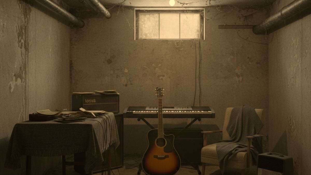 A guitar practice space in a cold old basement minimal light 