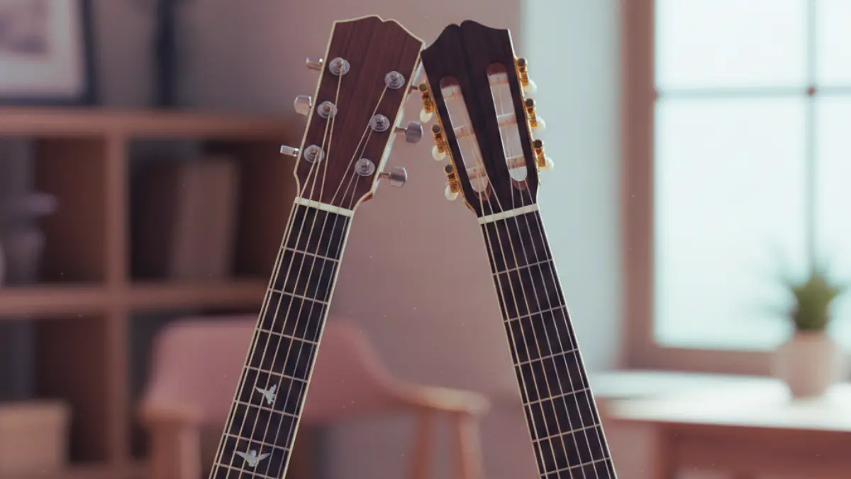 A Steel string guitar beside a nylon string guitar comparing which is best for arthritis 