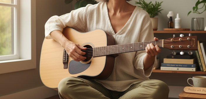 Older guitarist sitting upright with proper spine alignment while playing acoustic guitar at home