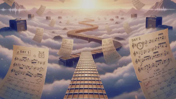 A guitar fretboard roadmap with music sheets and calendar pages form day 1 to day 30 showing the road to recvoery from guitar injury 