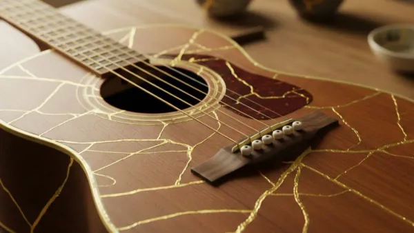 Close-up of am acoustic guitar fretboard or body where cracks have been filled with gold