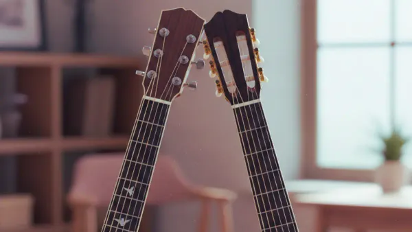 A Steel string guitar beside a nylon string guitar comparing which is best for arthritis 