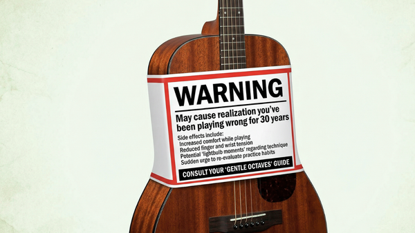 Guitar with warning label : warning may cause realization playing guitar wrong for 30 years